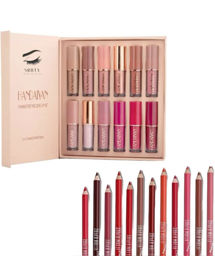Three-piece lipstick set open to reveal 8 assorted matte shades on white background