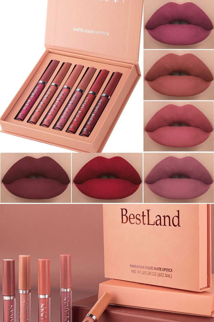Three-piece lipstick set open to reveal 8 assorted matte shades on white background