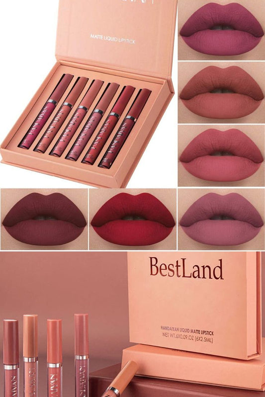 Three-piece lipstick set open to reveal 8 assorted matte shades on white background